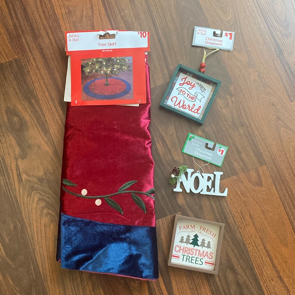 Holiday Style Christmas tree skirt and 3 Christmas ornaments